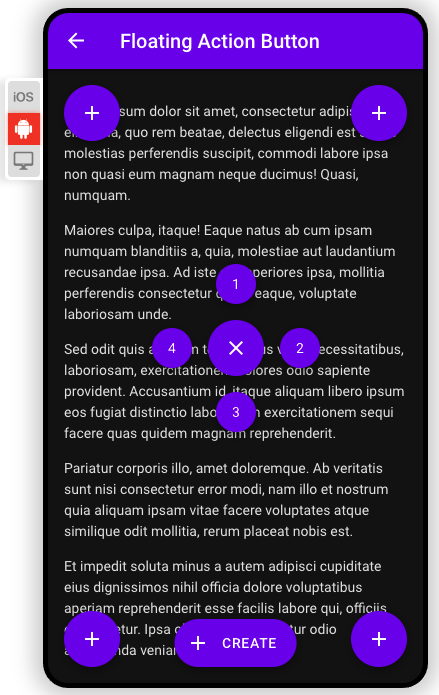 Framework7 widgets. From left to right: chat, floating action button and gauges.