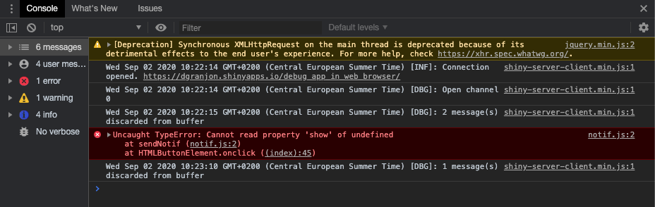 Error in the console panel. Errors are displayed in red, warnings in yellow and messages in grey. 