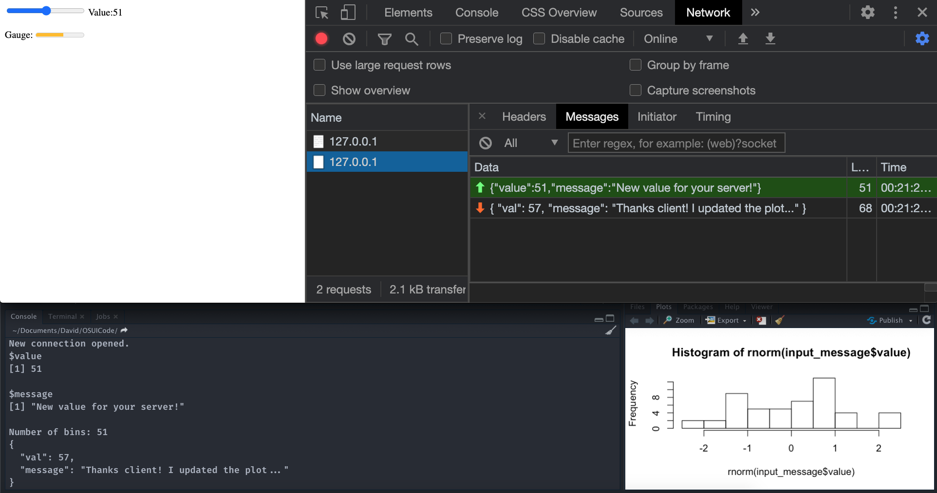 Server-client communication through a websocket.