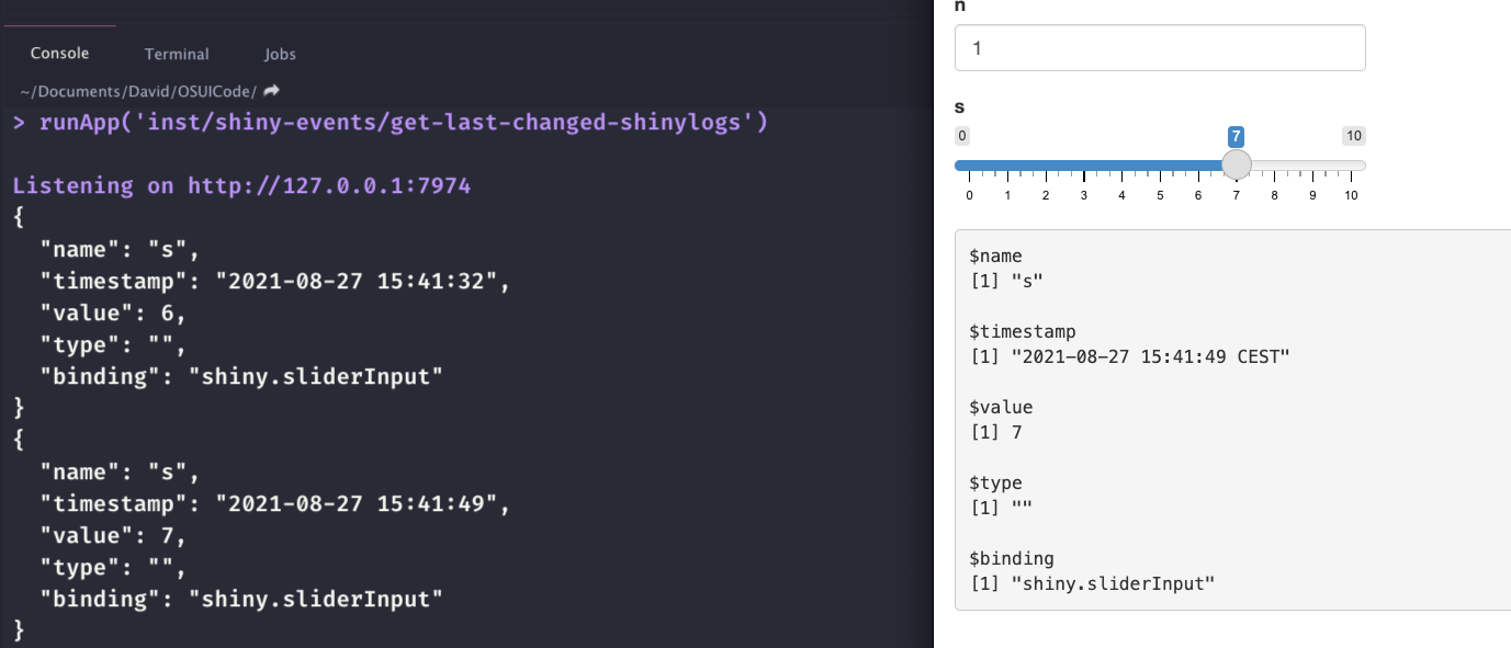 {shinylogs} allows real-time input tracking and storage for analytics purposes.